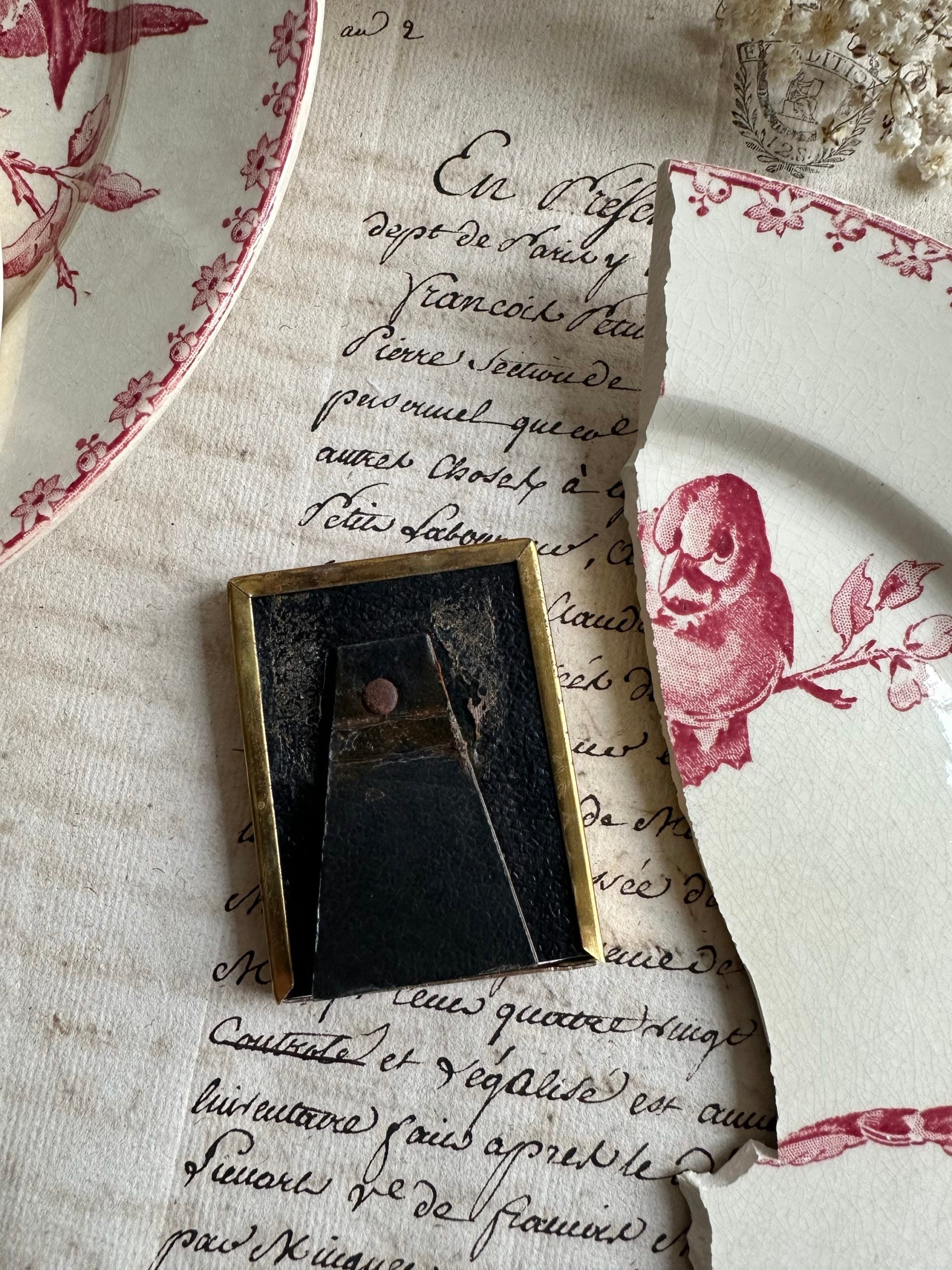 Petit cadre ancien en bronze et motif terre de fer Favori Sarreguemines