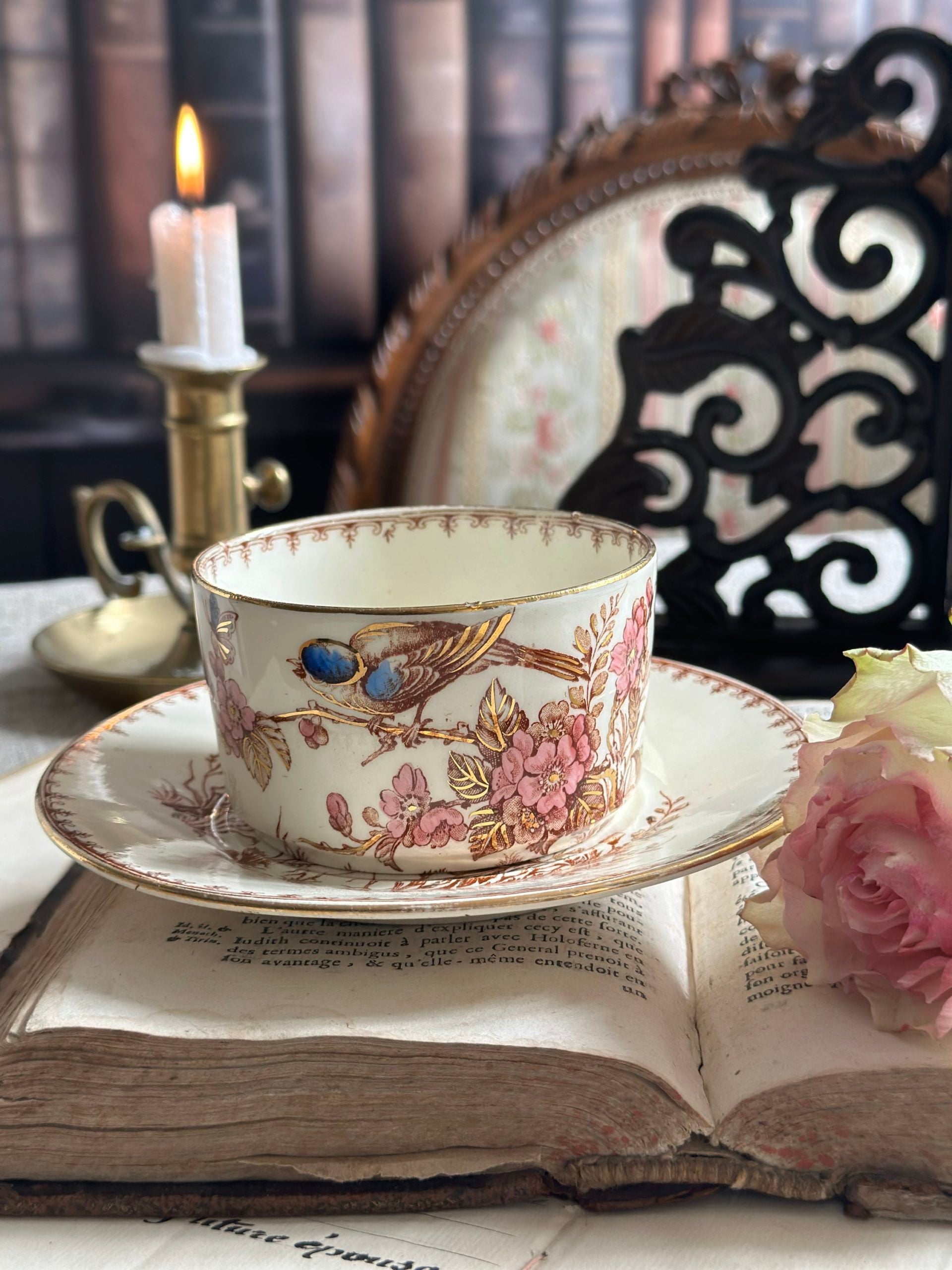 Tasse à thé terre de fer Lunéville Mésange, polychrome dorée.