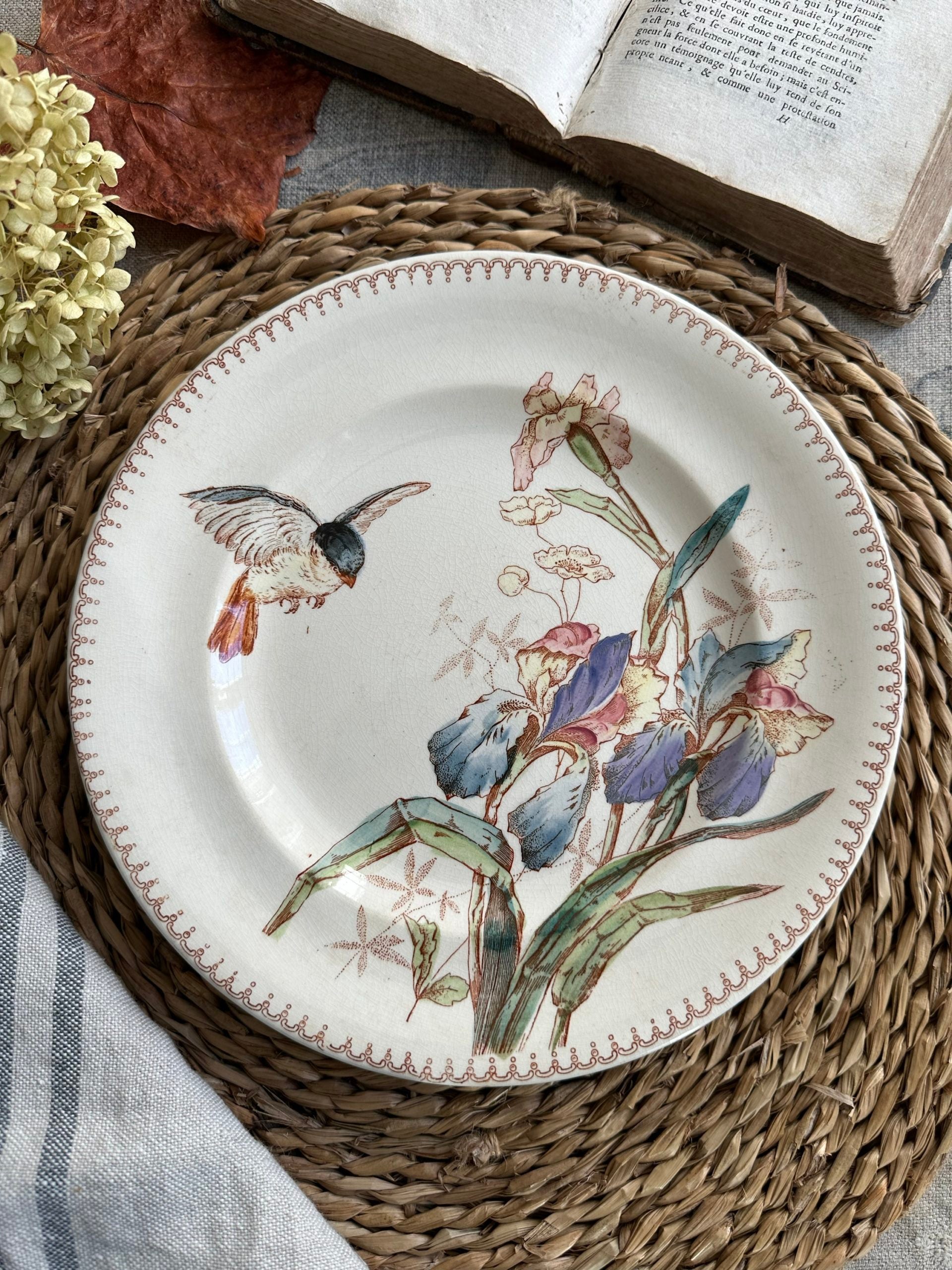 I. Polychrome ironstone plate from Longwy, bird and iris