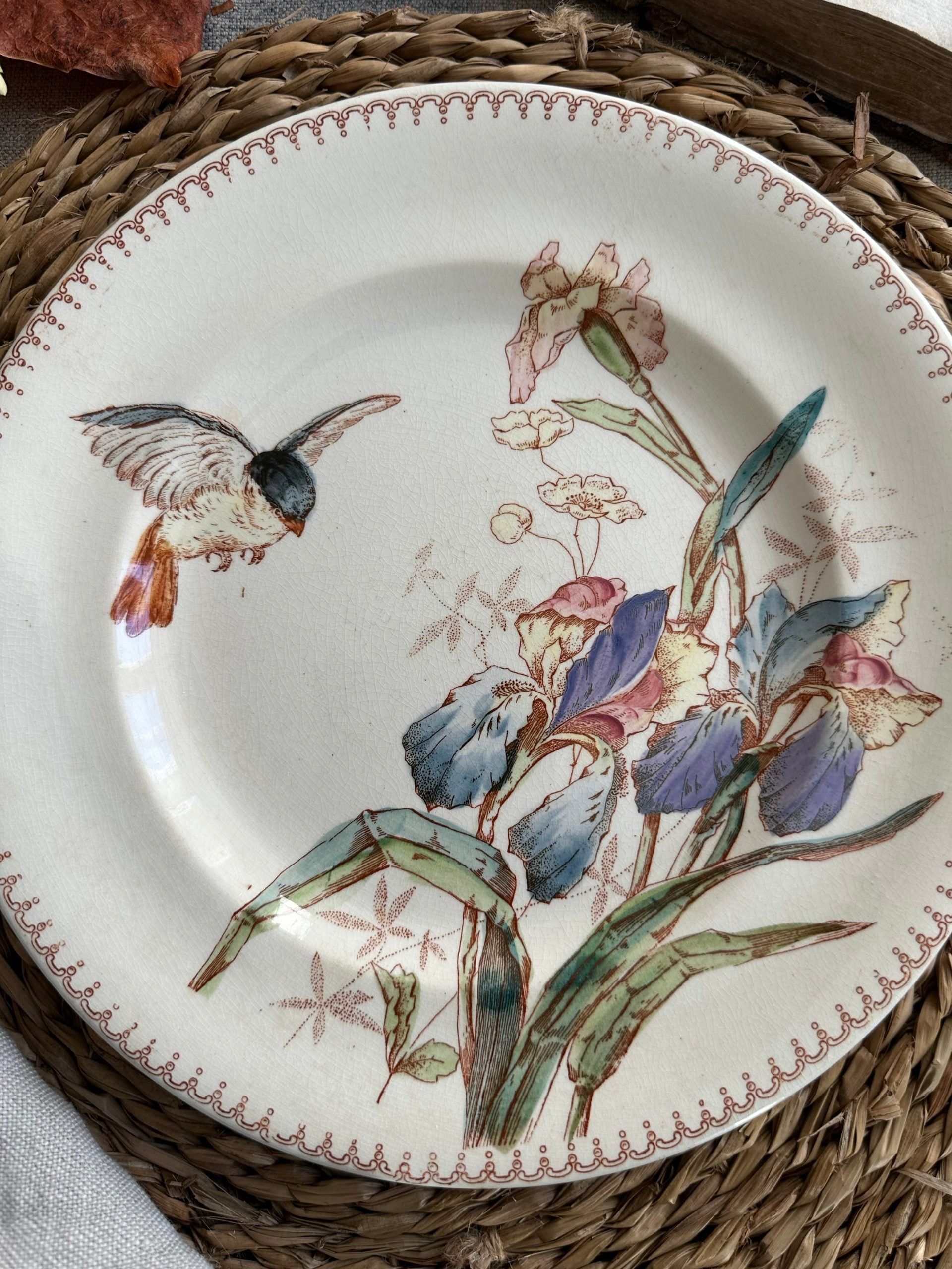 I. Polychrome ironstone plate from Longwy, bird and iris