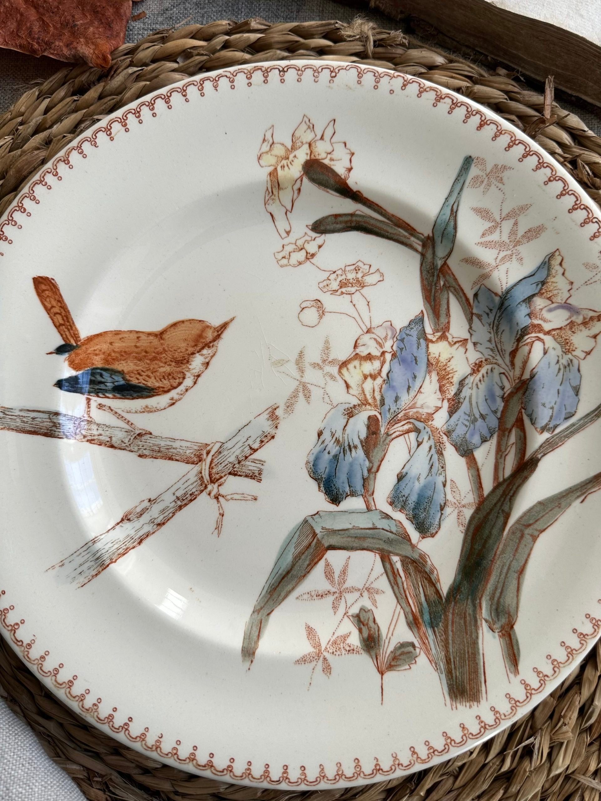 II. Assiette plate polychrome Longwy, Oiseau Iris