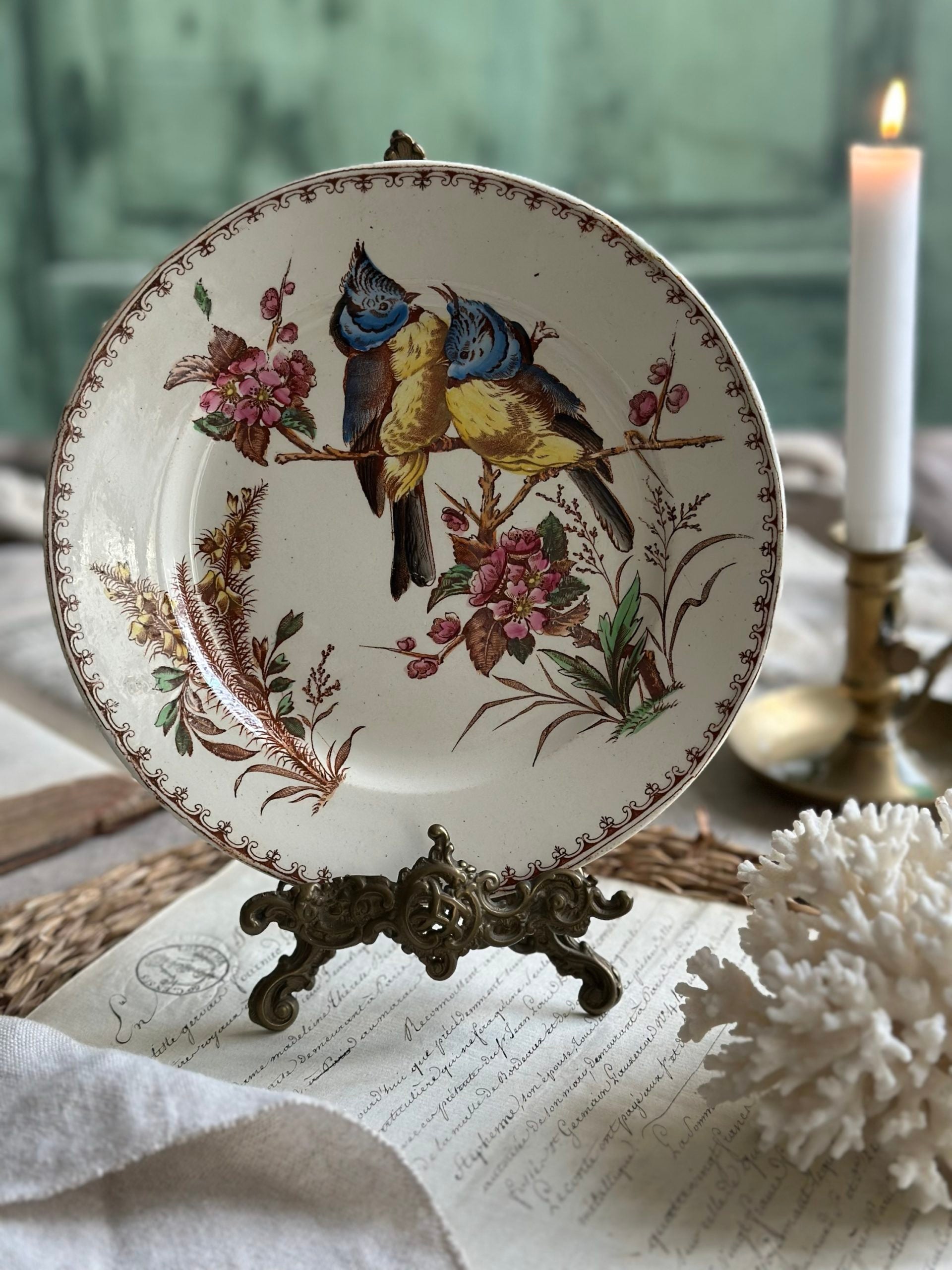 Assiette à dessert polychrome Lunéville modèle Mésange