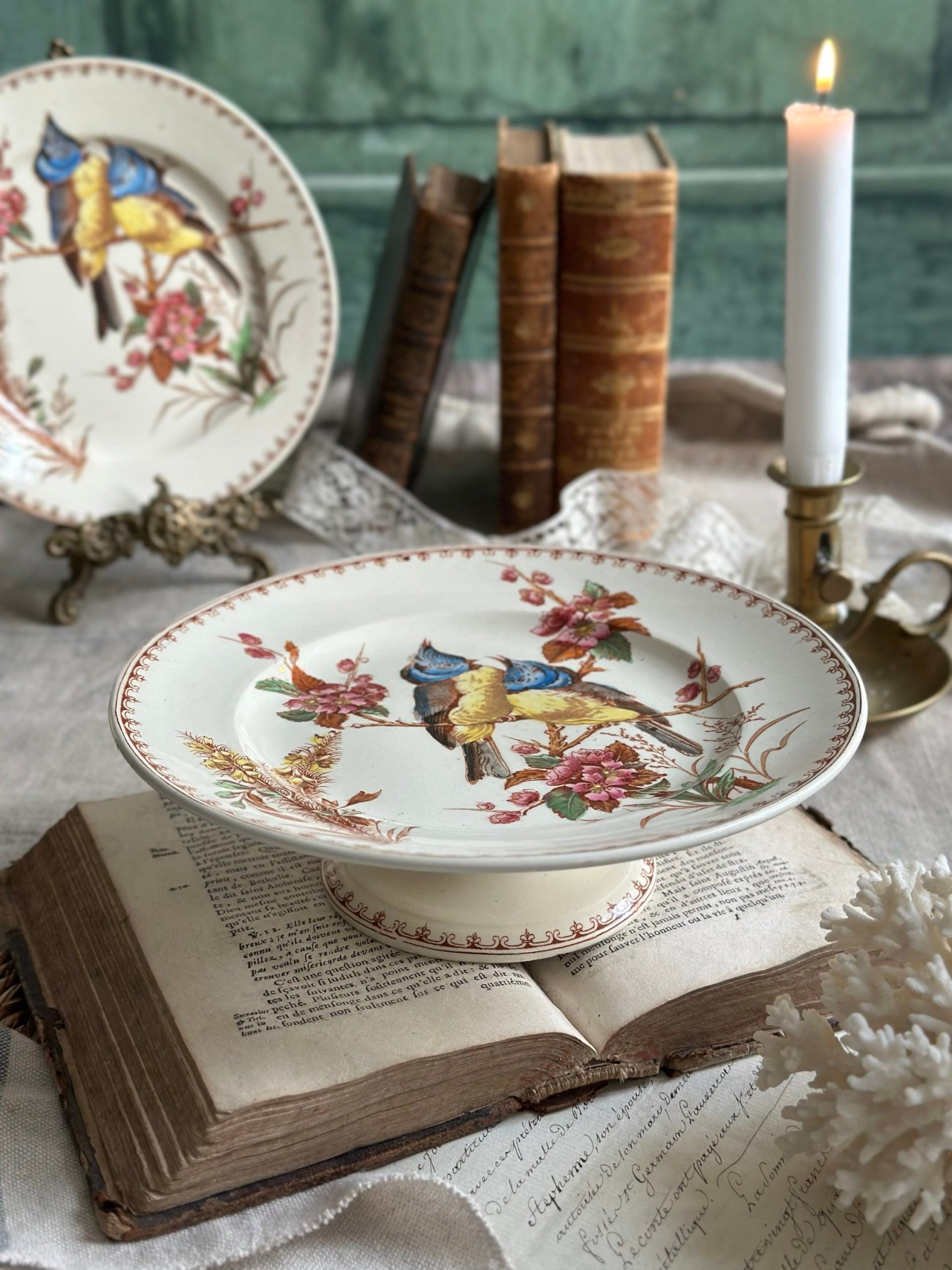Lunéville polychrome pedestal platter, Mésange pattern
