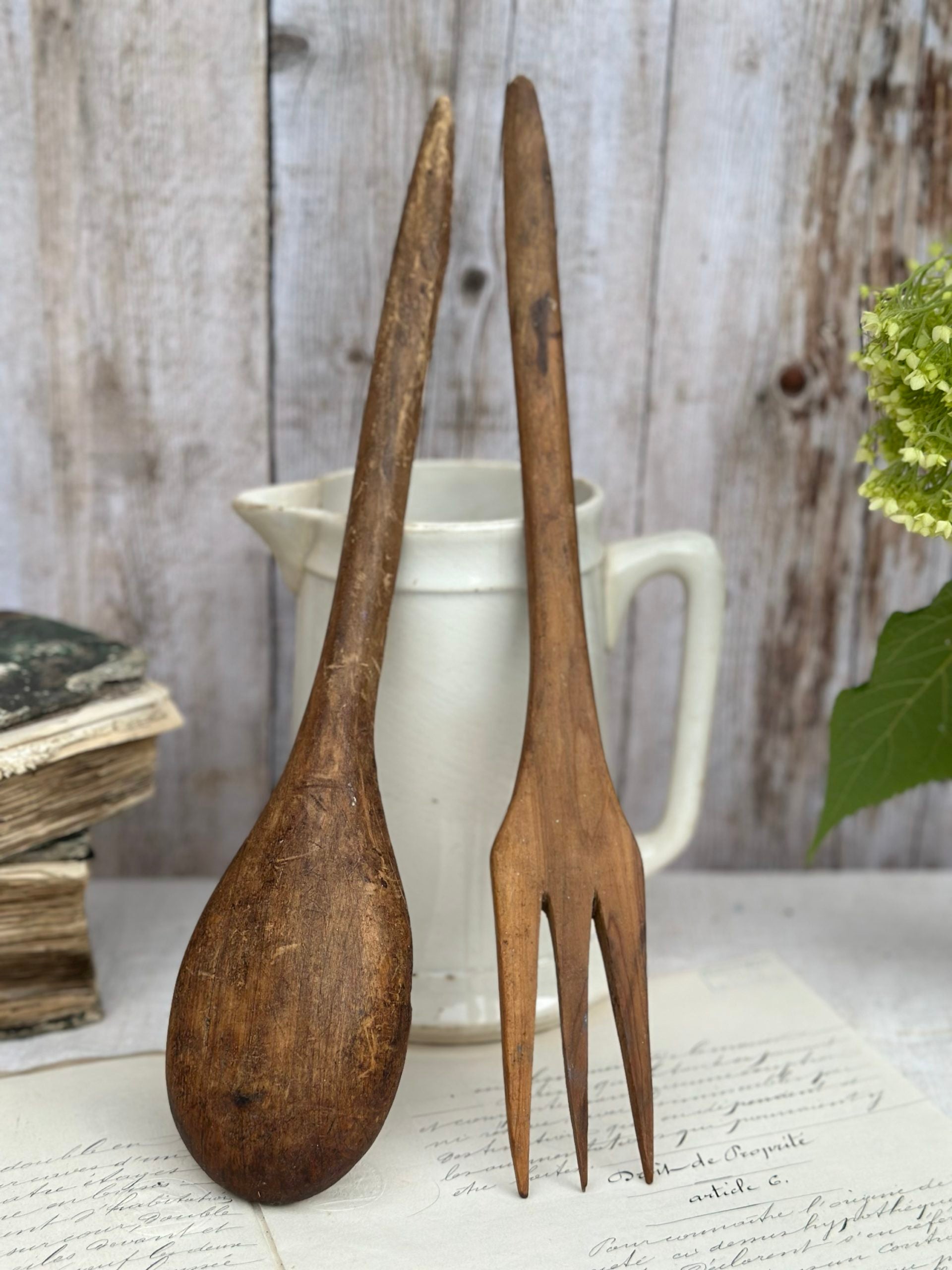 Large antique wooden spoon and fork