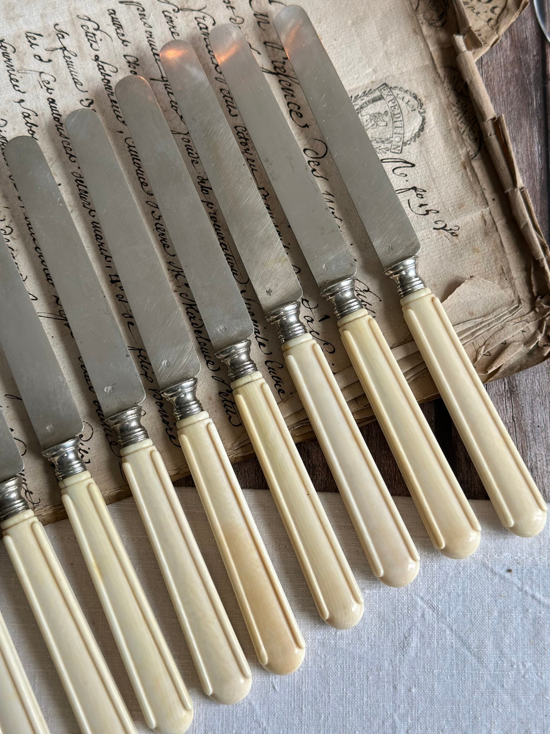 Suite de 12 couteaux à fruits, lame en argent massif (poinçon Minerve), monogrammés - époque Napoléon III