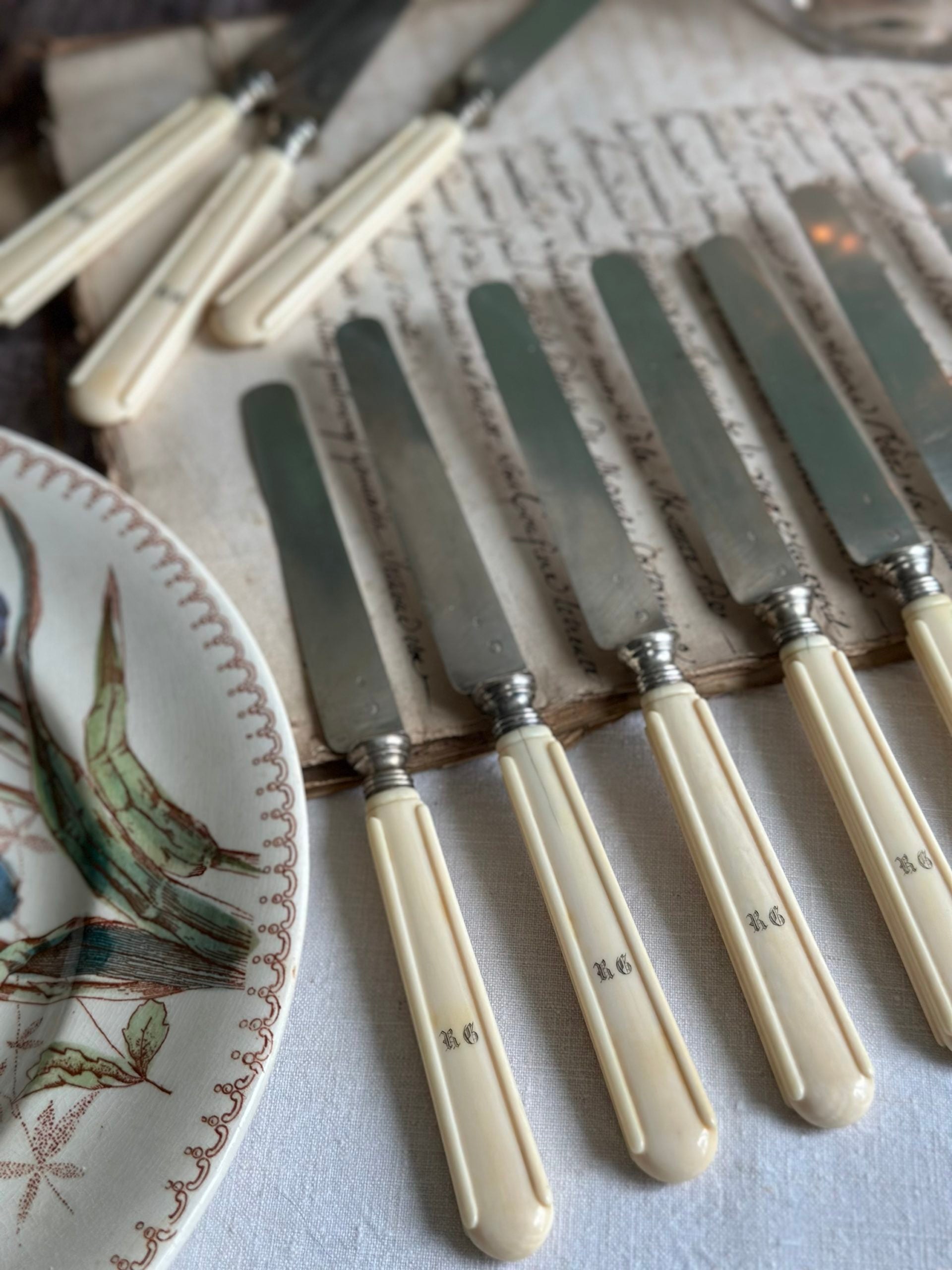 Suite de 12 couteaux à fruits, lame en argent massif (poinçon Minerve), monogrammés - époque Napoléon III