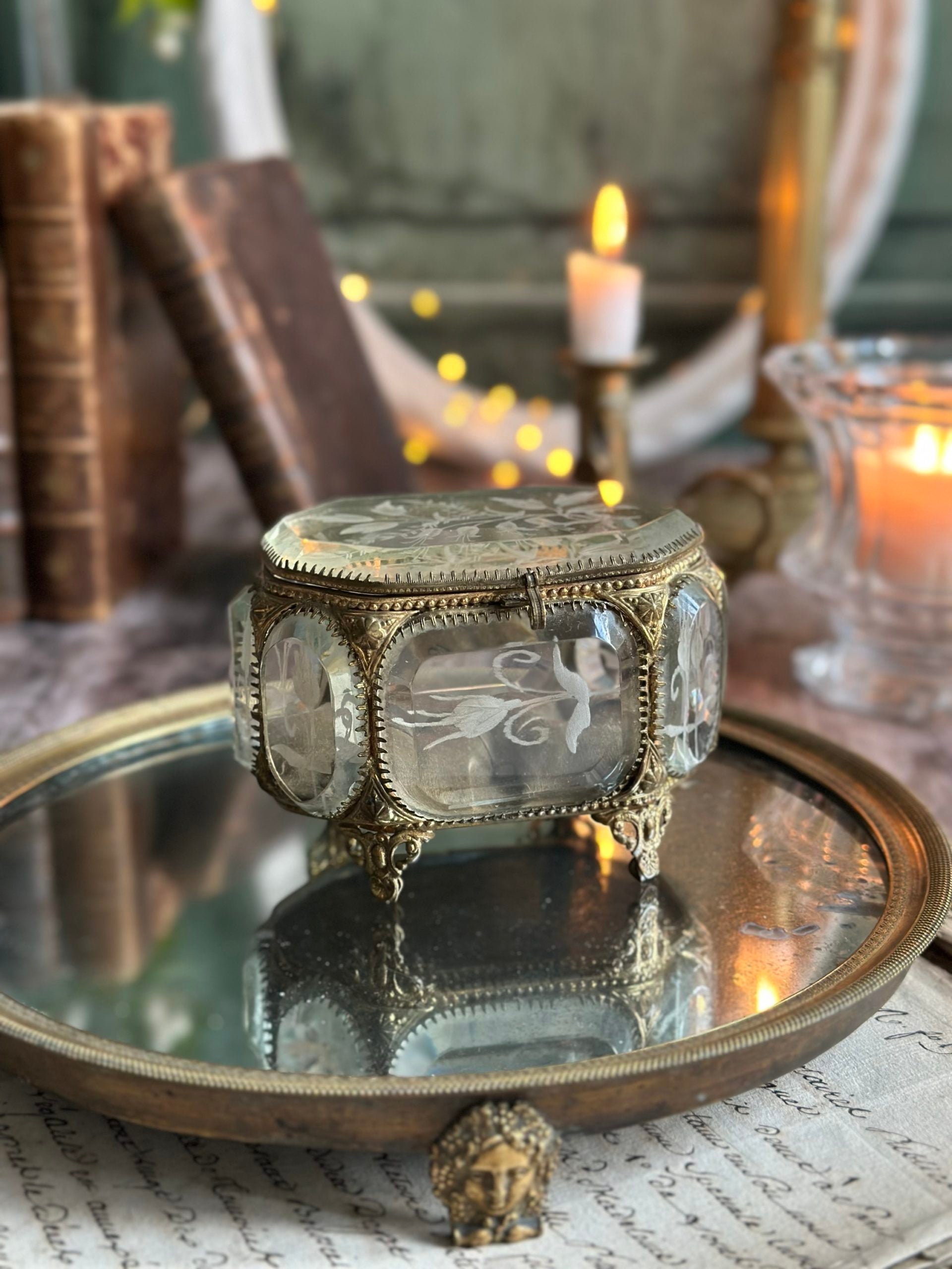 Exquisite 19th-century octagonal jewelry box, beveled crystal, engraved