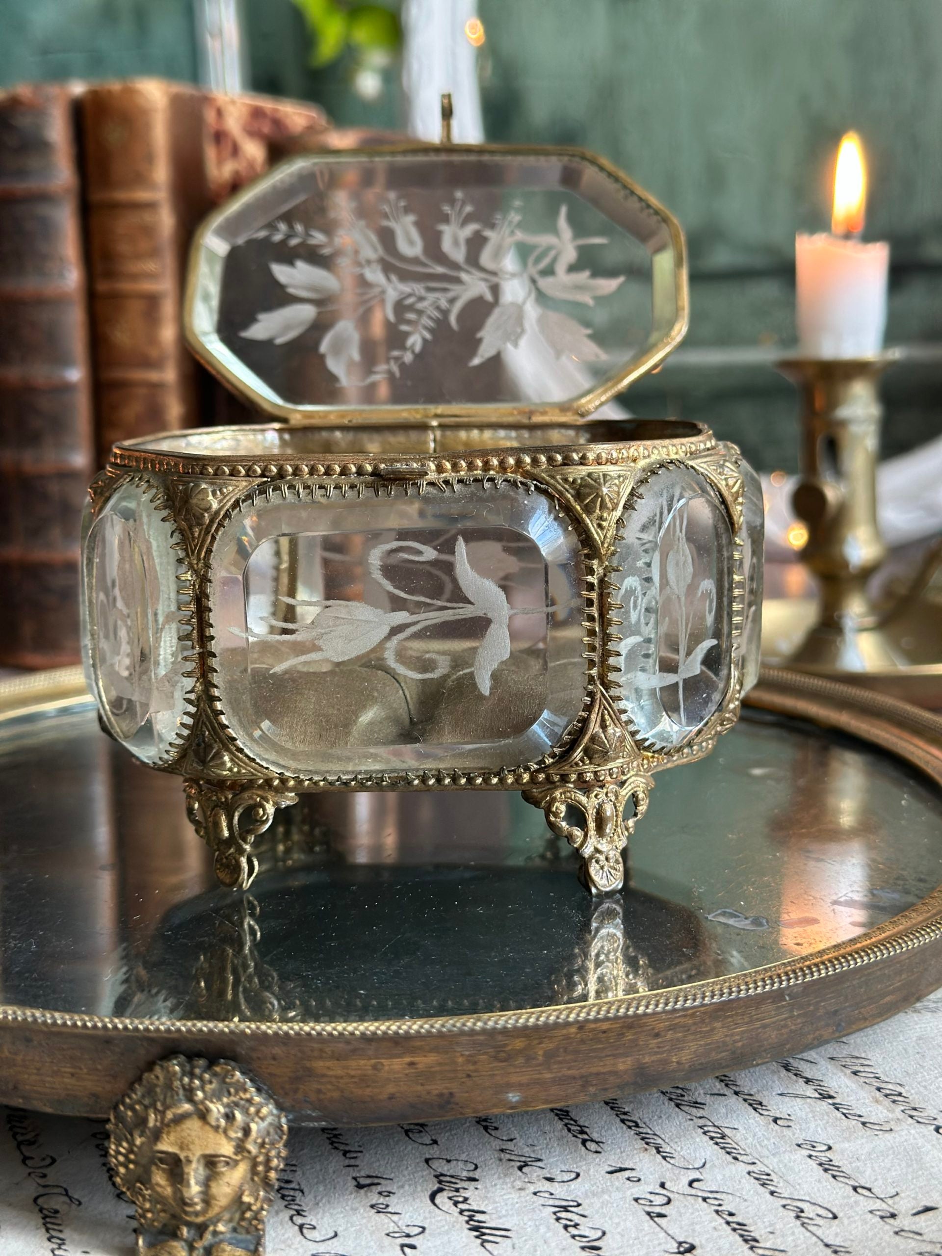 Exquisite 19th-century octagonal jewelry box, beveled crystal, engraved