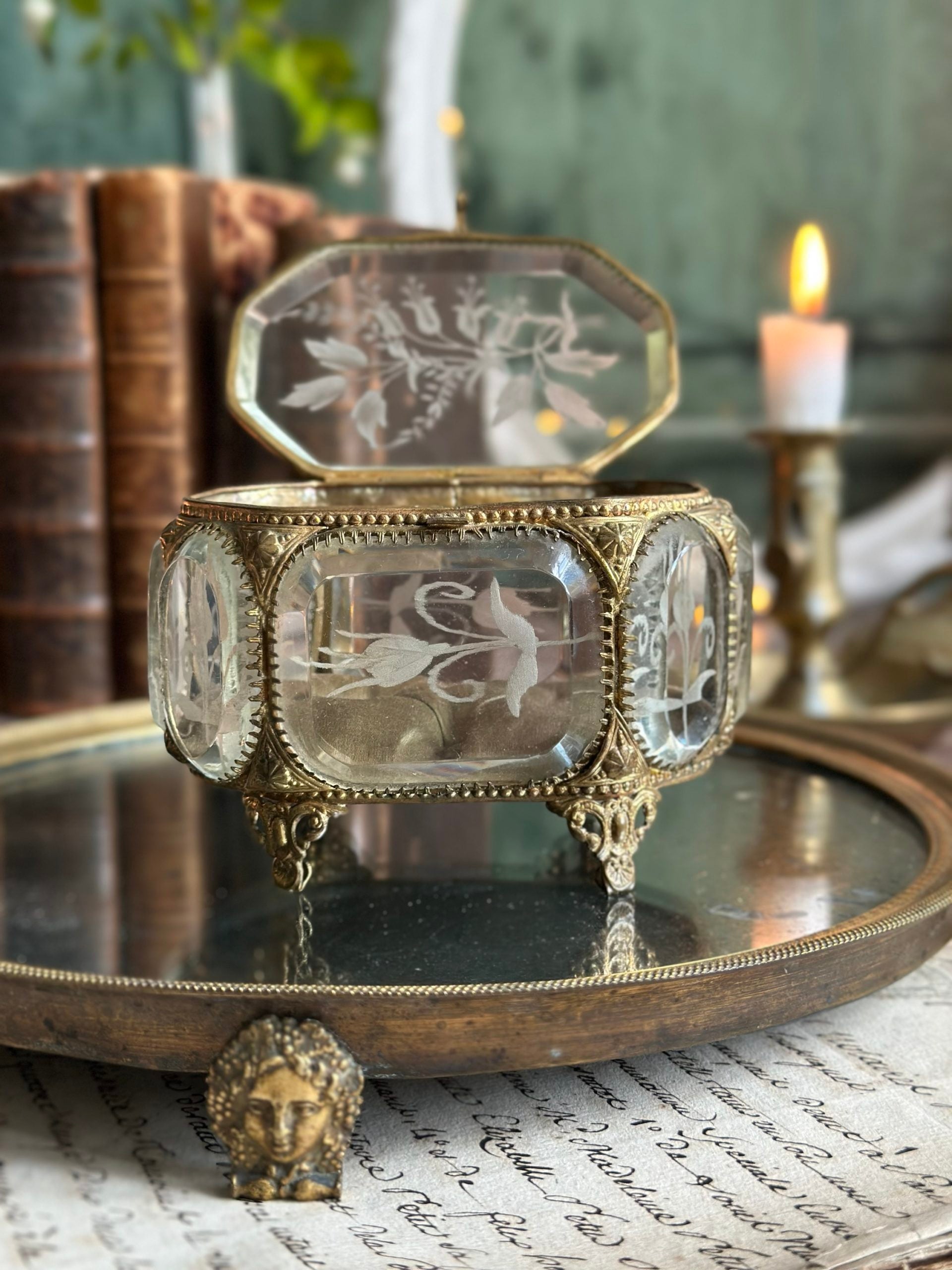 Exquisite 19th-century octagonal jewelry box, beveled crystal, engraved