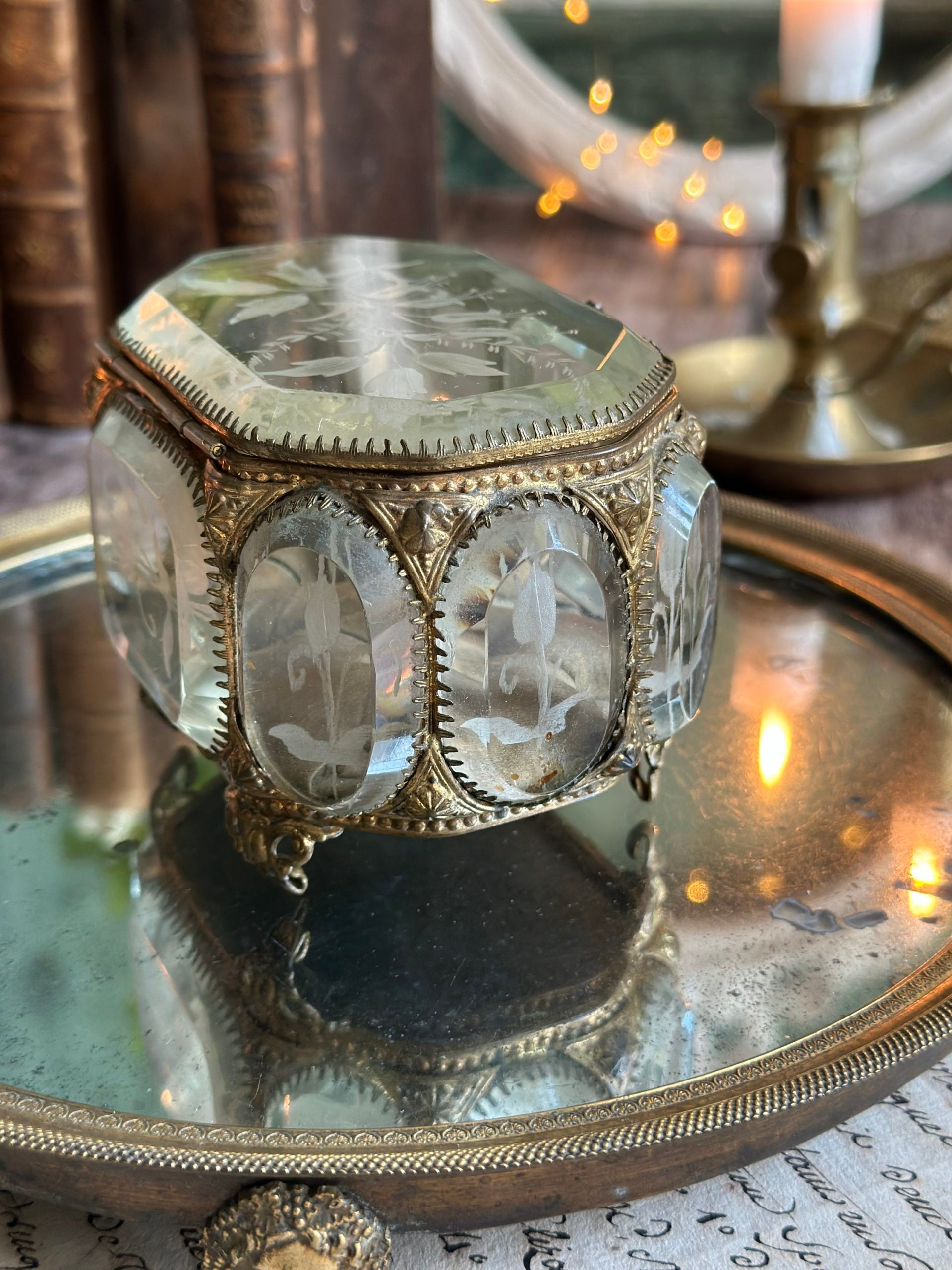 Exquisite 19th-century octagonal jewelry box, beveled crystal, engraved