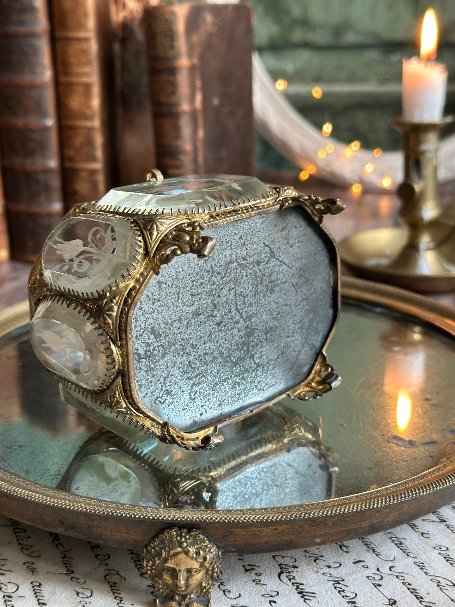 Exquisite 19th-century octagonal jewelry box, beveled crystal, engraved