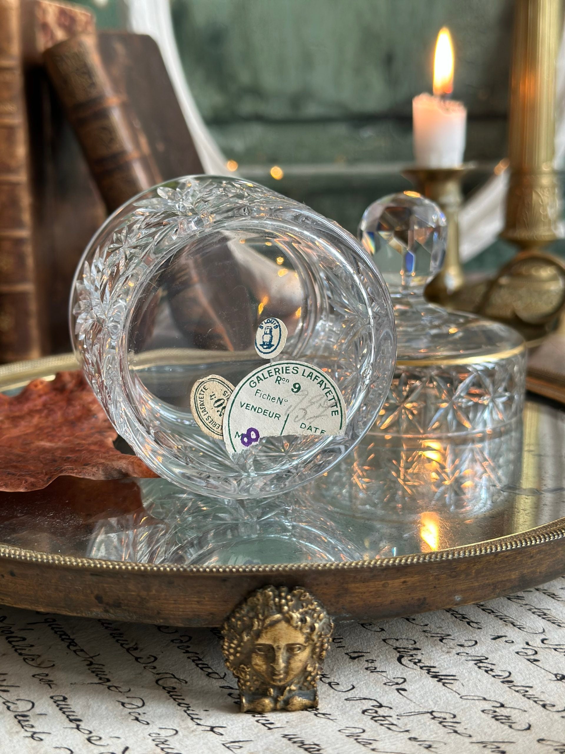 St. Louis crystal powder box for Galeries Lafayette - dating from before 1936 - original label