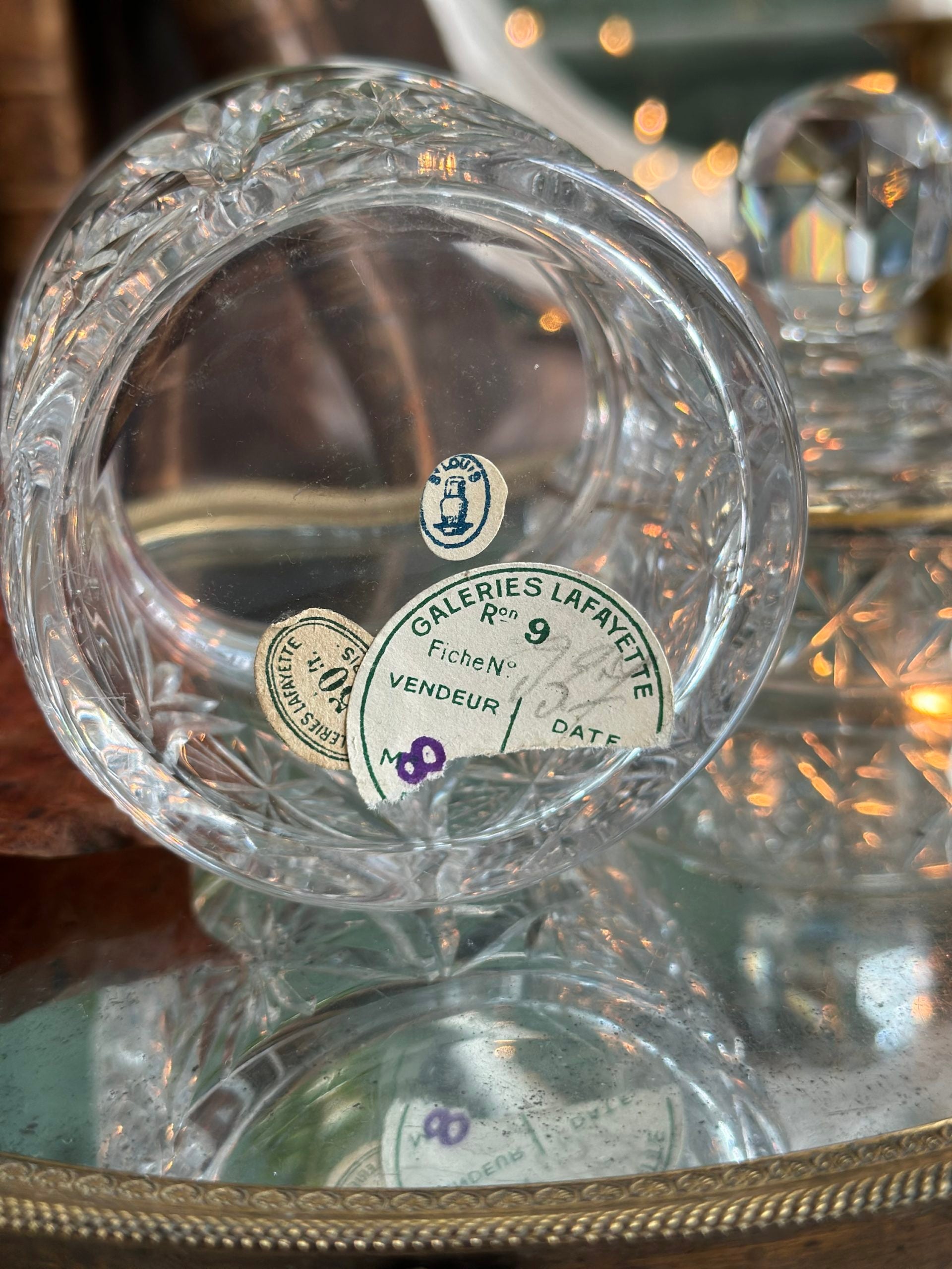 St. Louis crystal powder box for Galeries Lafayette - dating from before 1936 - original label