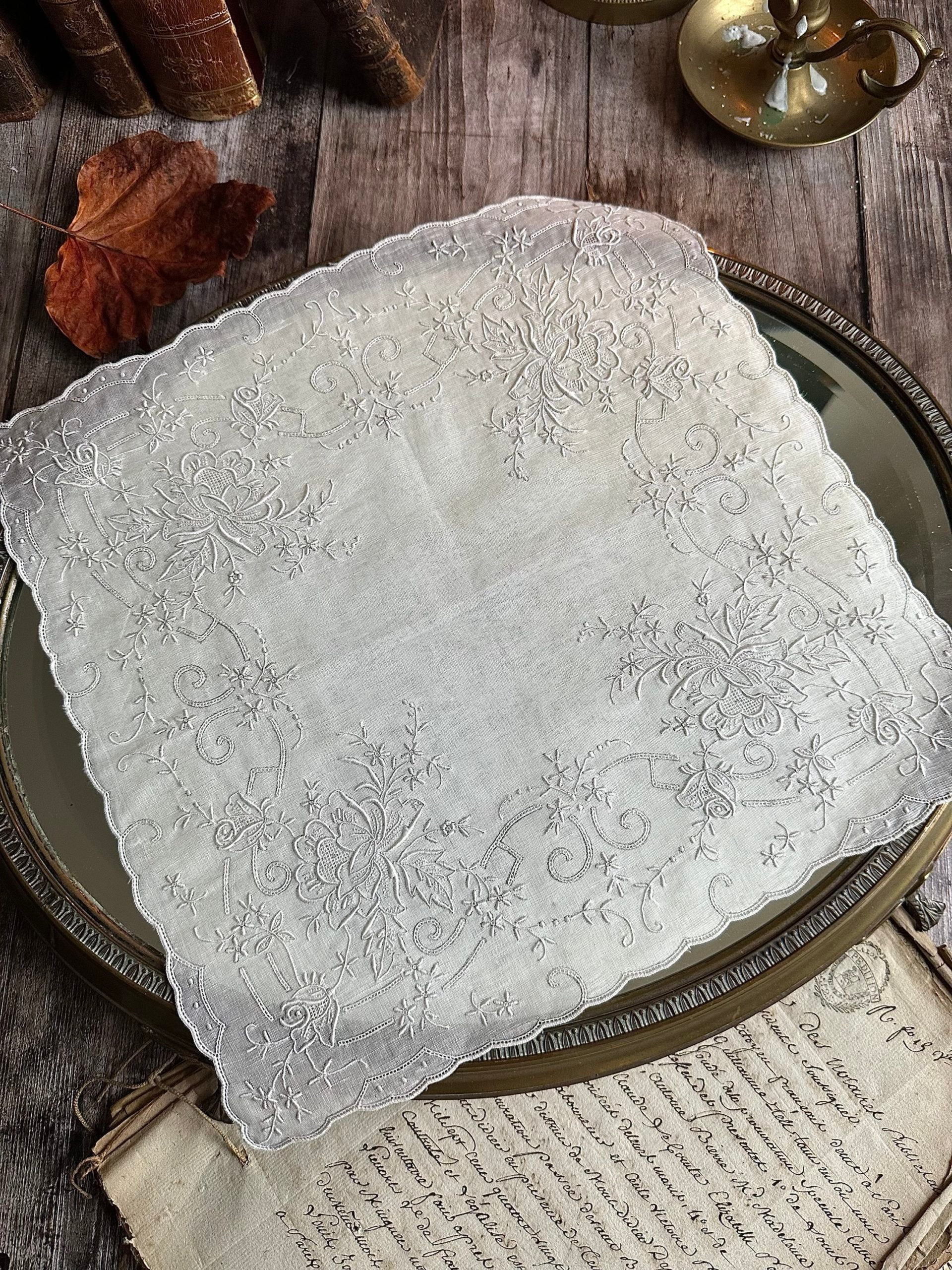 I. Exceptional antique handkerchief, richly hand-embroidered