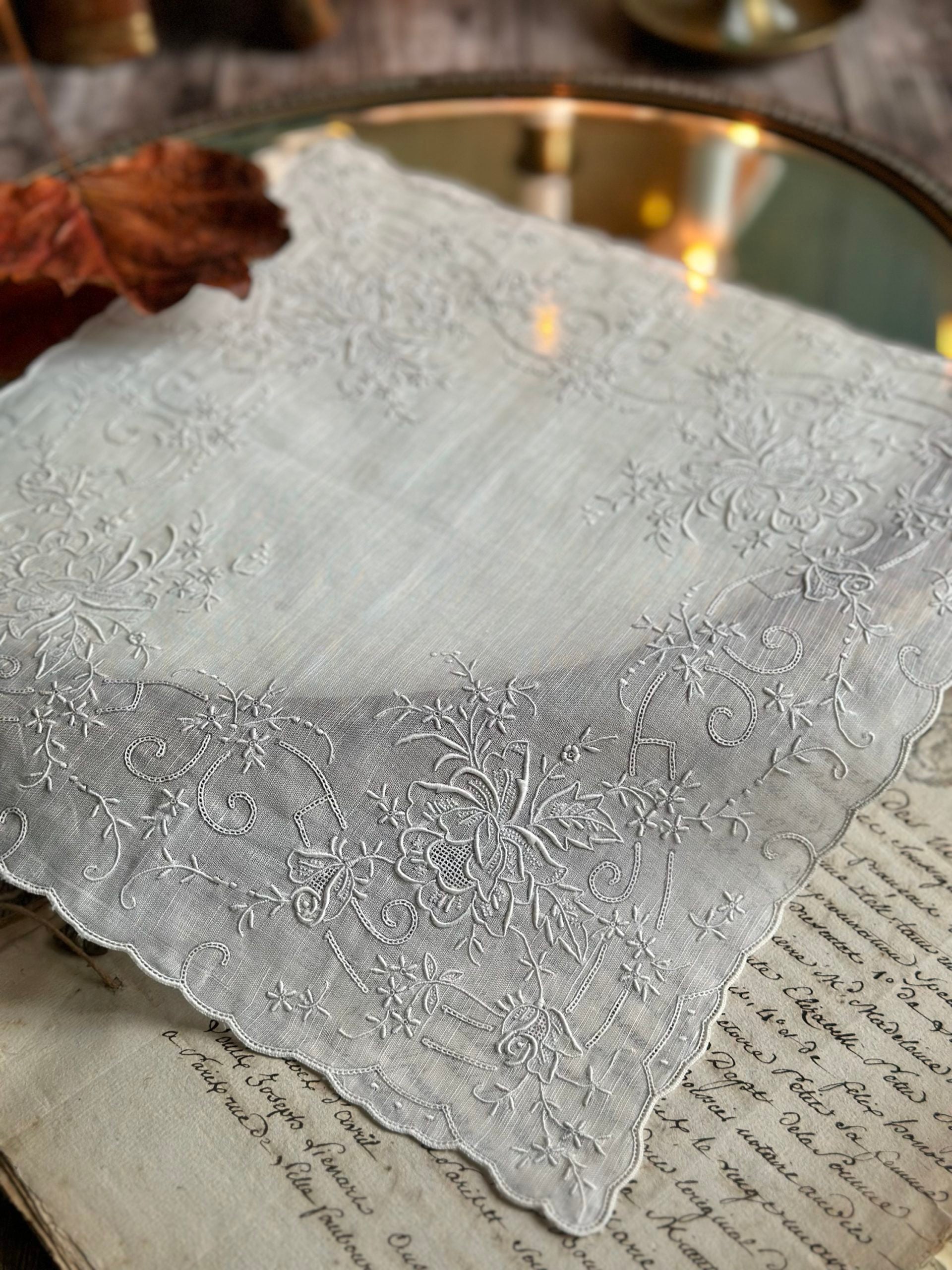 I. Exceptional antique handkerchief, richly hand-embroidered