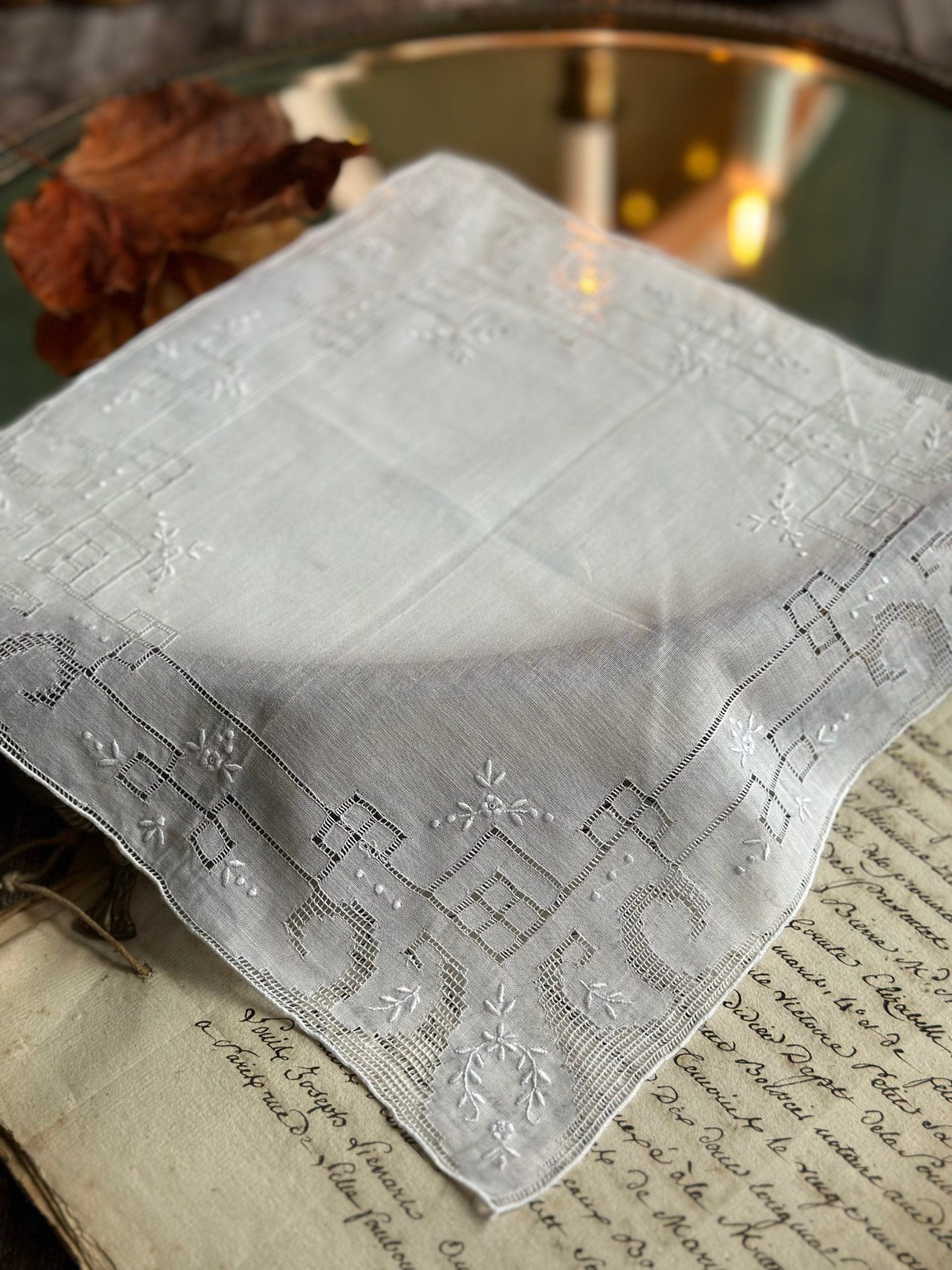 II. Antique hand-embroidered handkerchief