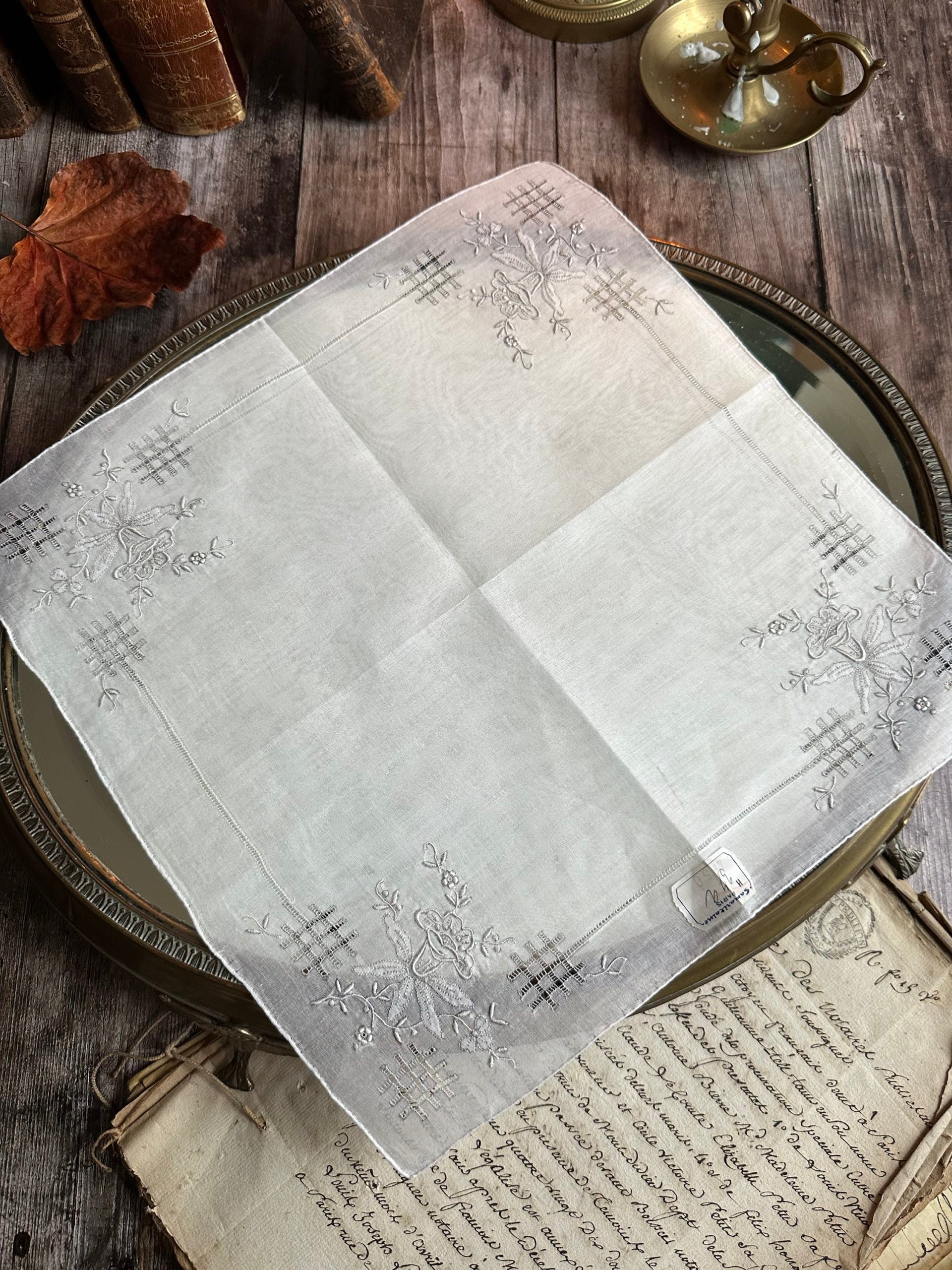 IV. Antique hand-embroidered handkerchief - labeled Samaritaine Paris