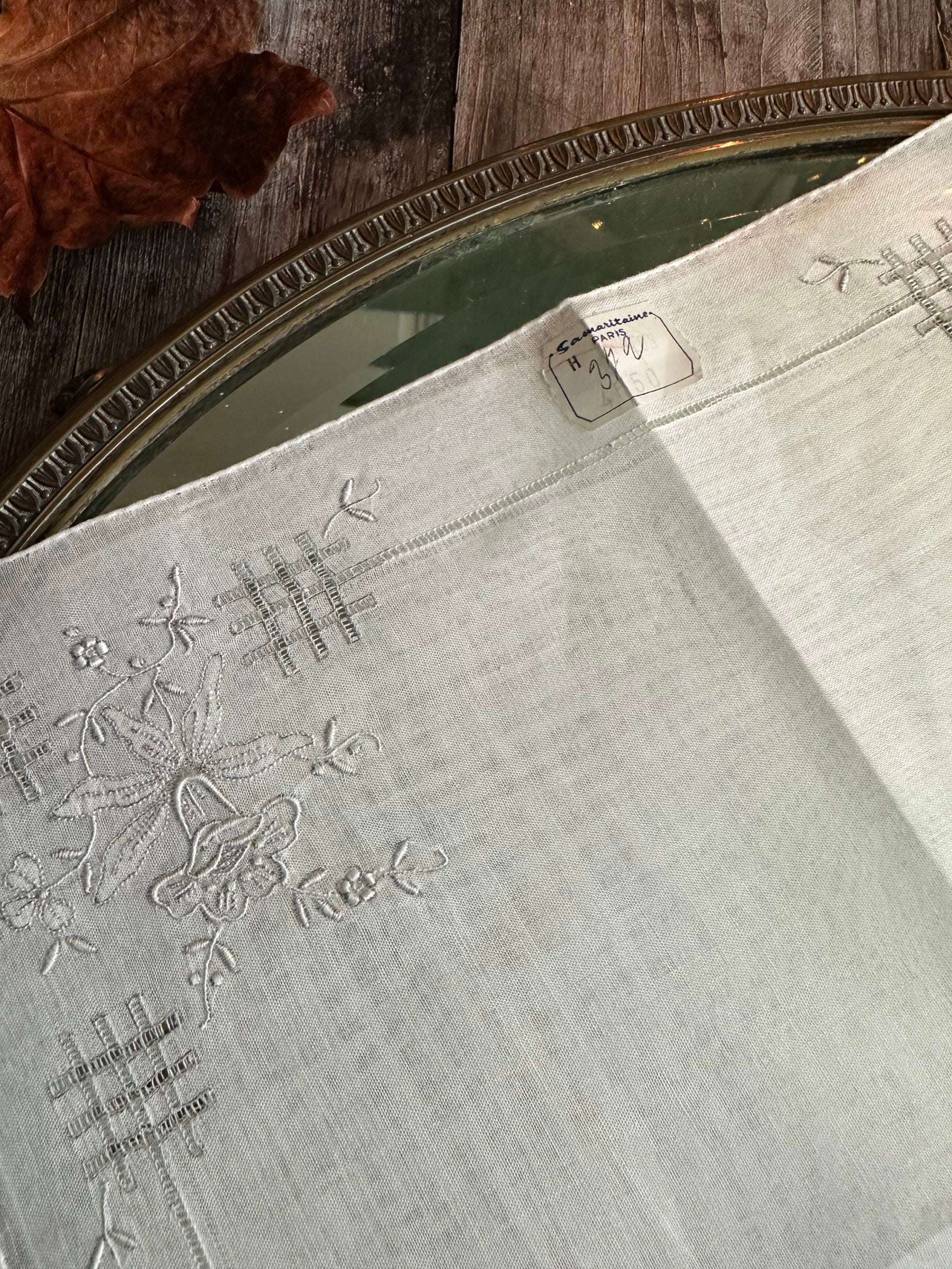 IV. Antique hand-embroidered handkerchief - labeled Samaritaine Paris