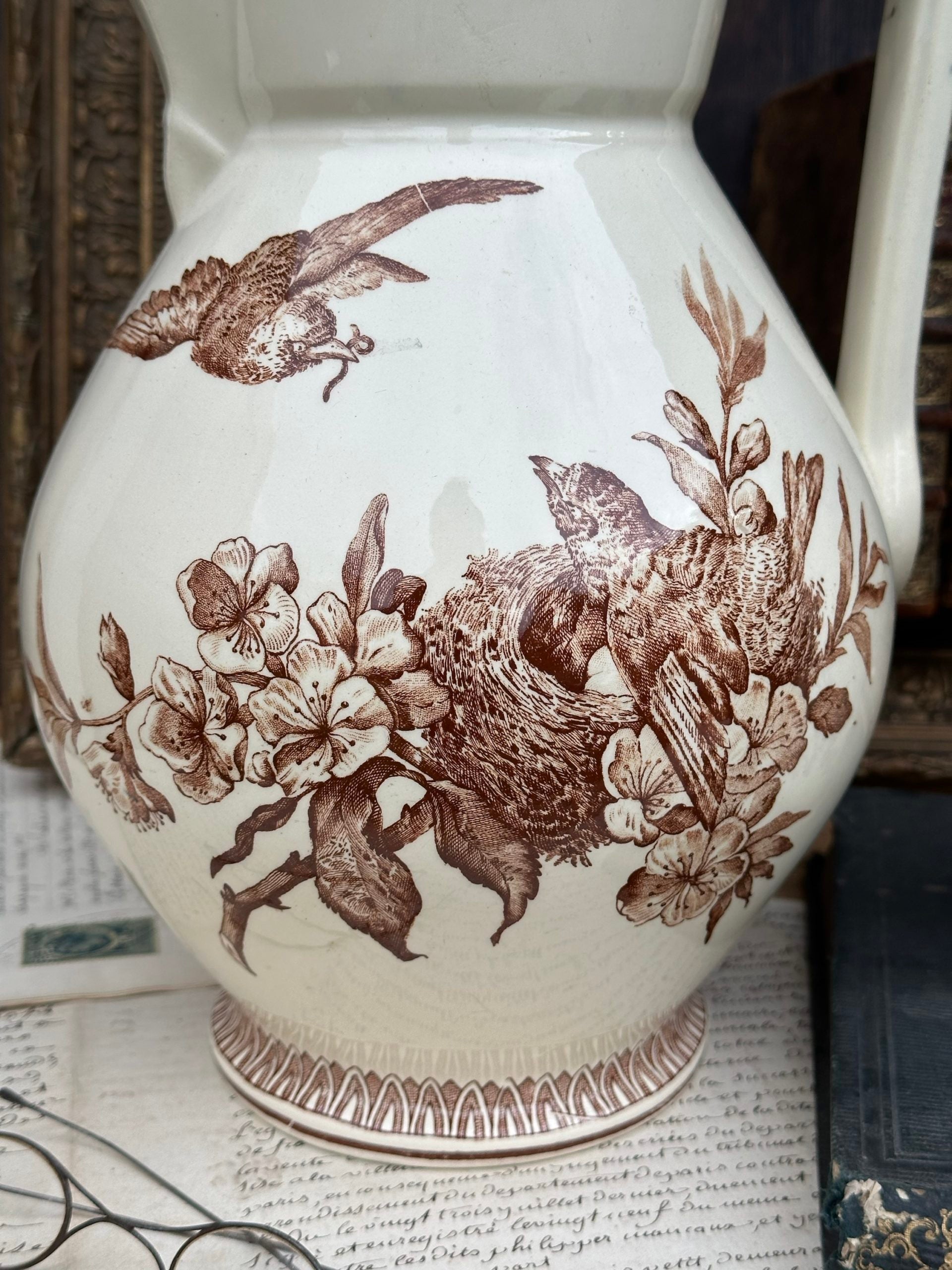 Rare large Creil and Montereau pitcher, Rêve de Mai pattern