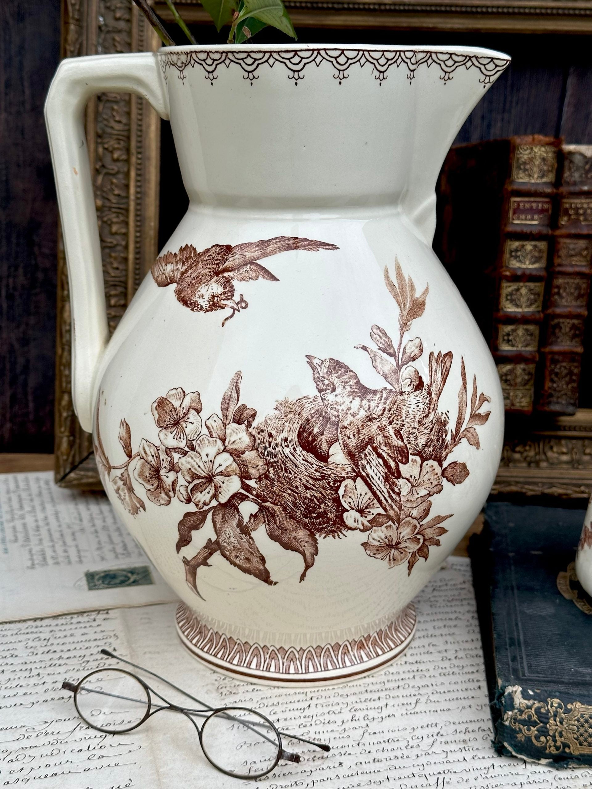 Rare large Creil and Montereau pitcher, Rêve de Mai pattern