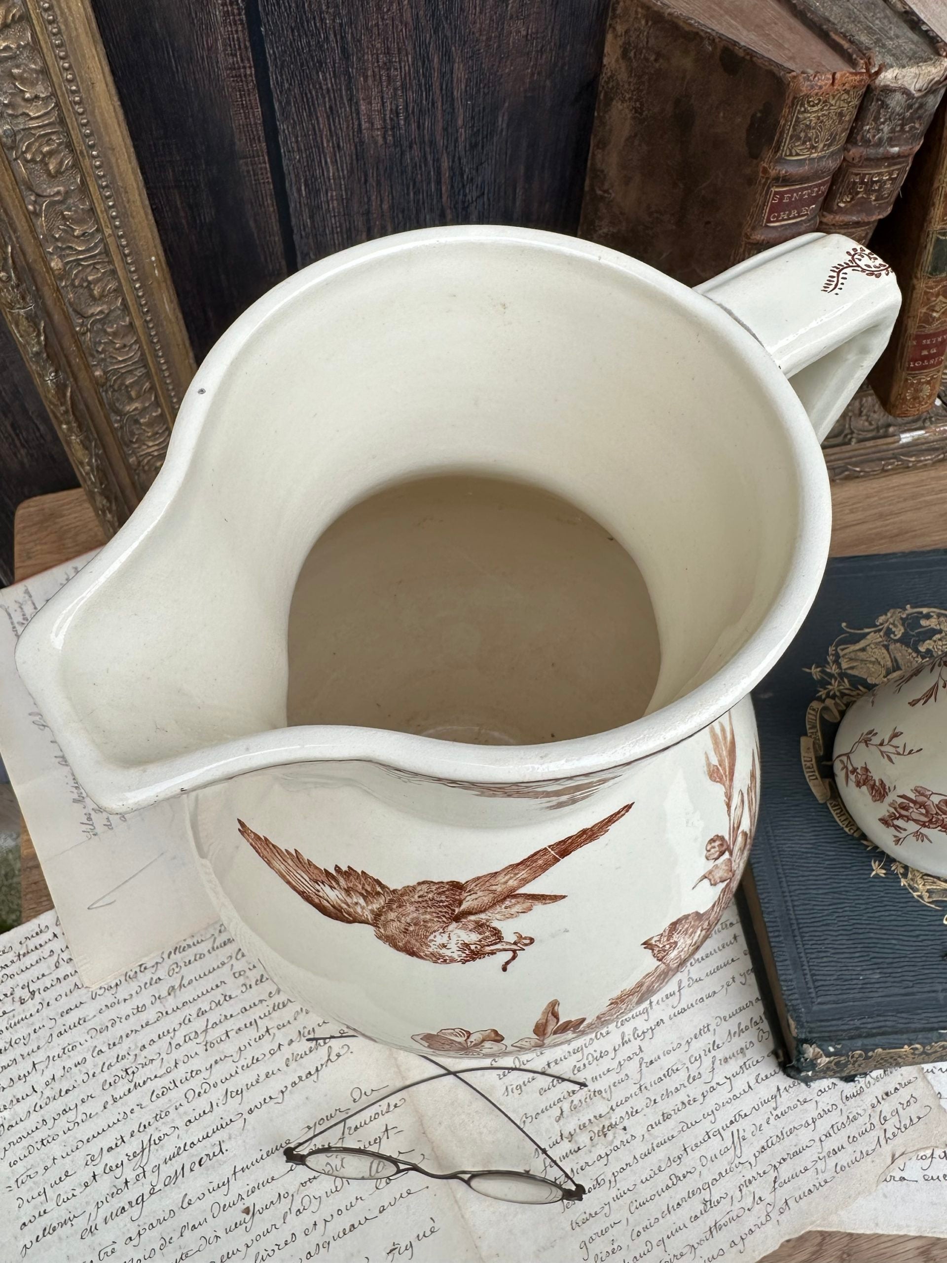 Rare large Creil and Montereau pitcher, Rêve de Mai pattern
