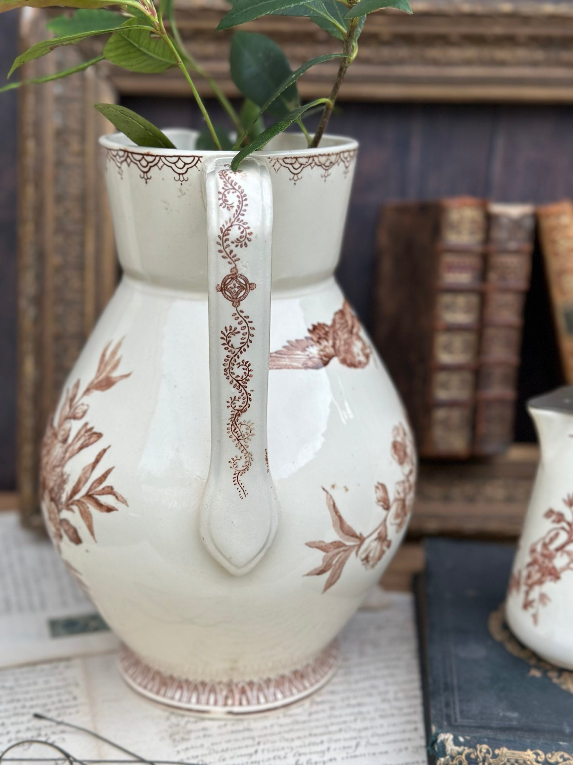Rare large Creil and Montereau pitcher, Rêve de Mai pattern