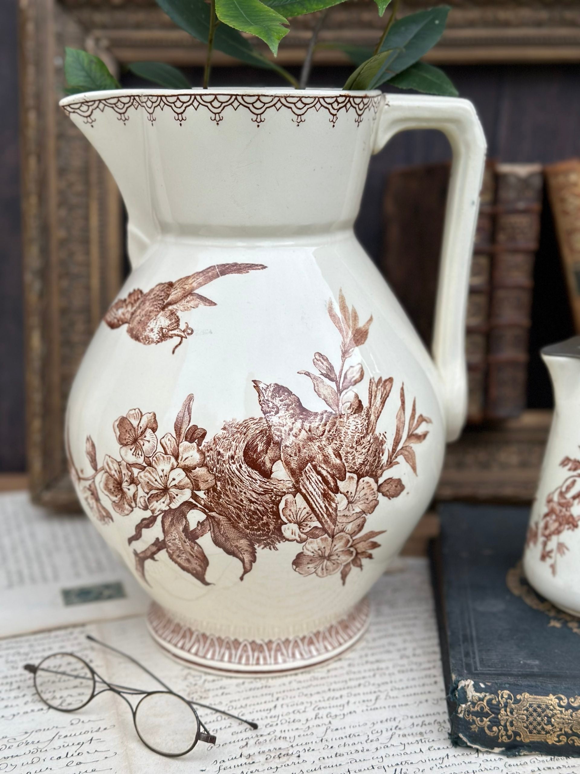 Rare large Creil and Montereau pitcher, Rêve de Mai pattern