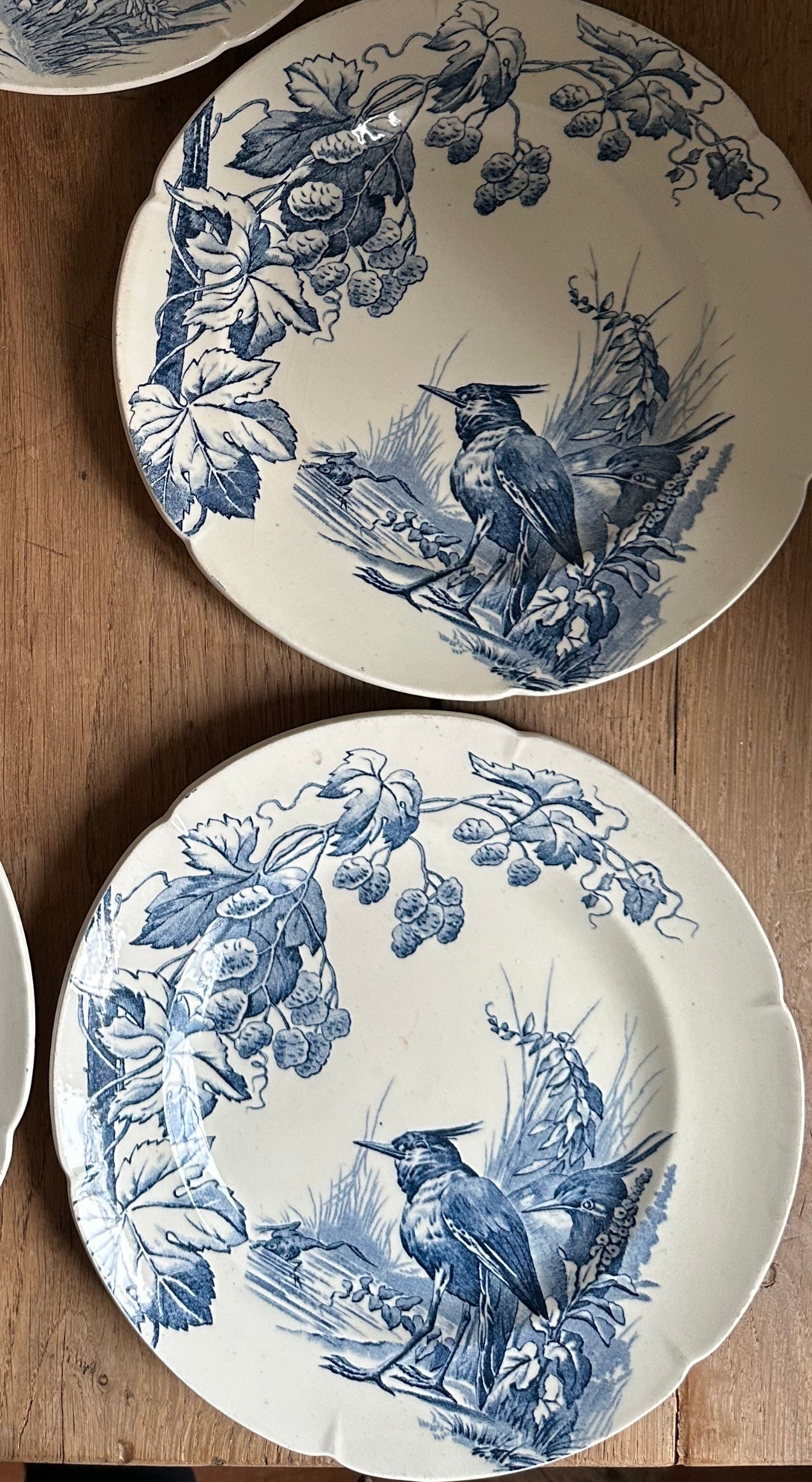 Réservé - 12 assiettes Gien modèle Perdrix (6 plates + 6 dessert), patinées + 2 assiettes oiseaux