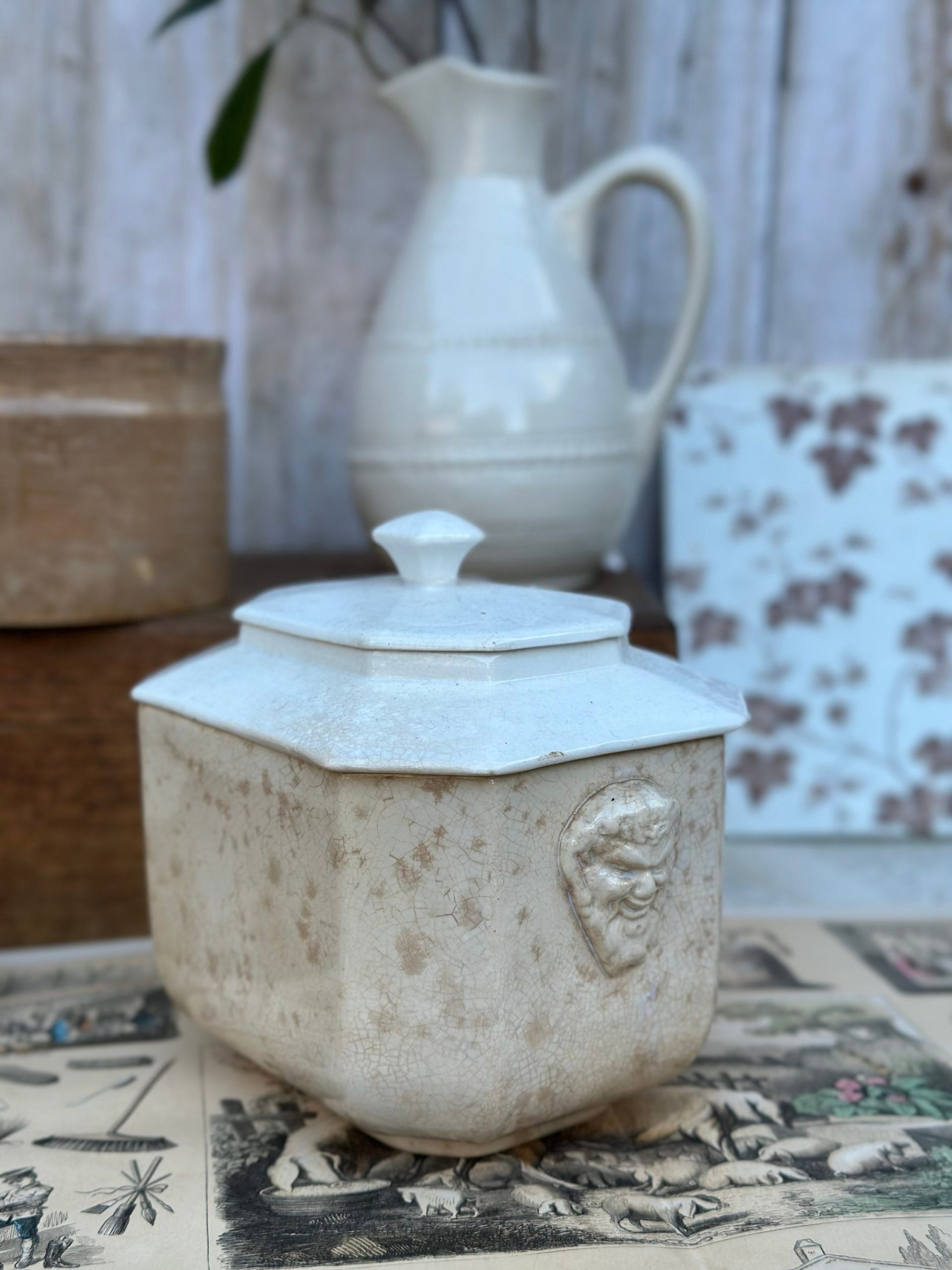 Large sugar bowl Sarreguemines, faun heads