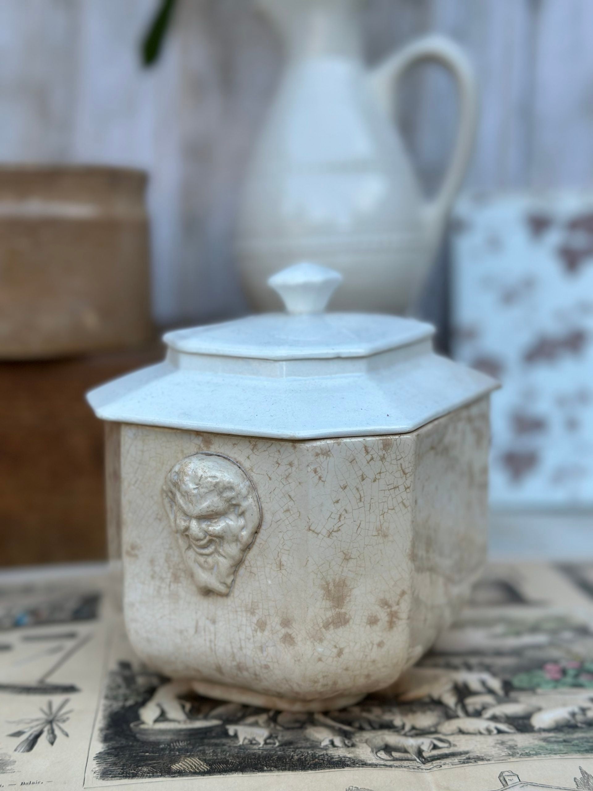 Large sugar bowl Sarreguemines, faun heads
