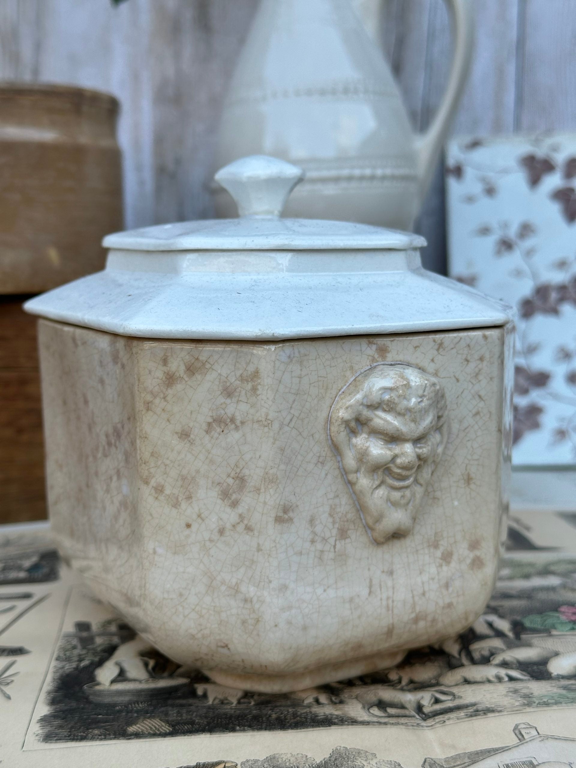 Large sugar bowl Sarreguemines, faun heads