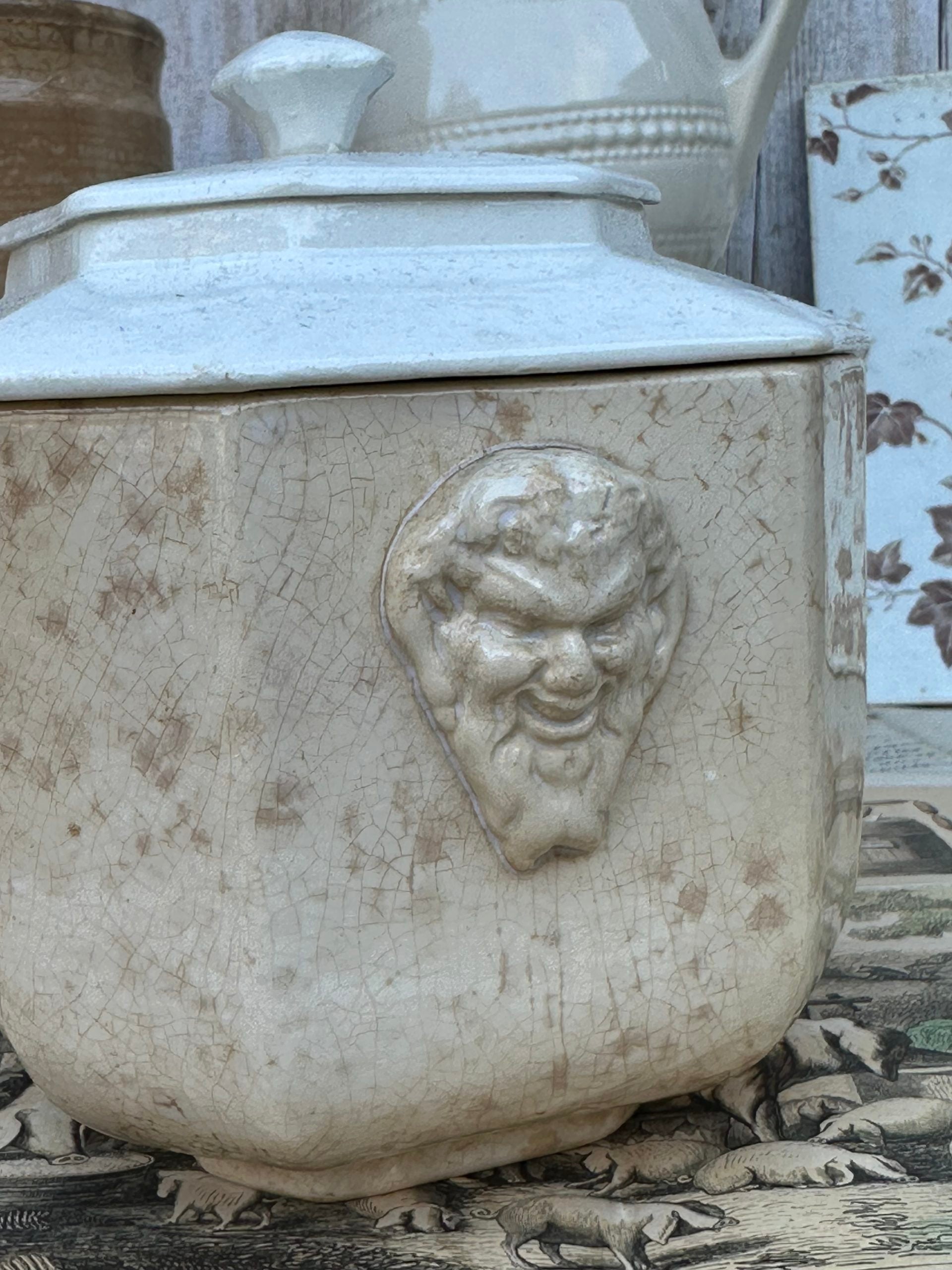Large sugar bowl Sarreguemines, faun heads