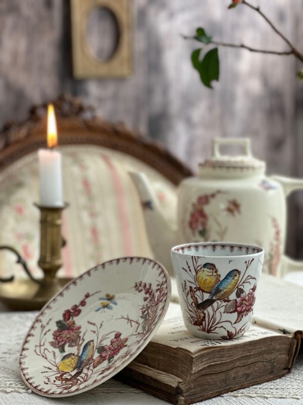 Sublime tasse à café terre de fer polychrome, Lunéville mésange, deux oiseaux