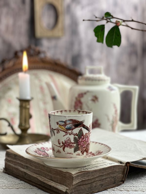 Tasse à café et sa sous-tasse polychrome Lunéville Mésange