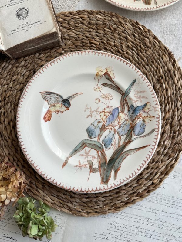 Assiette plate terre de fer polychrome Longwy, oiseau et iris