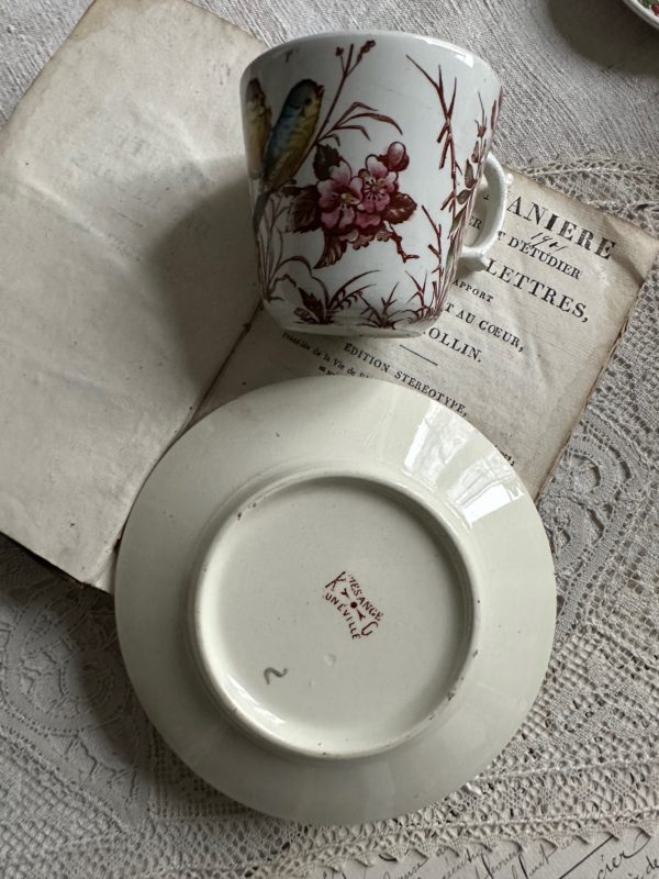 Sublime tasse à café terre de fer polychrome, Lunéville mésange, deux oiseaux – Image 4