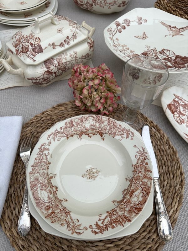 Suite de 24 assiettes: 6 assiettes plates, 12 assiettes creuses Badonviller et 6 assiettes plates Gien Bégonia