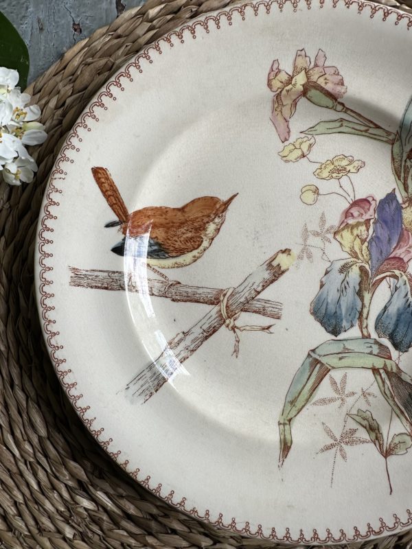 I. Assiette plate terre de fer polychrome Longwy, oiseau et iris – Image 4