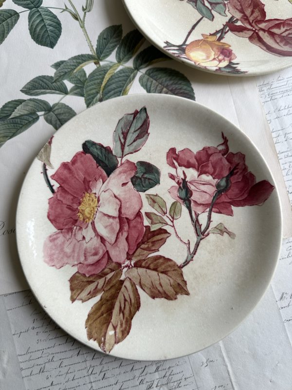 Deux assiettes à dessert polychromes Jules Vieillard Bordeaux, roses – Image 2