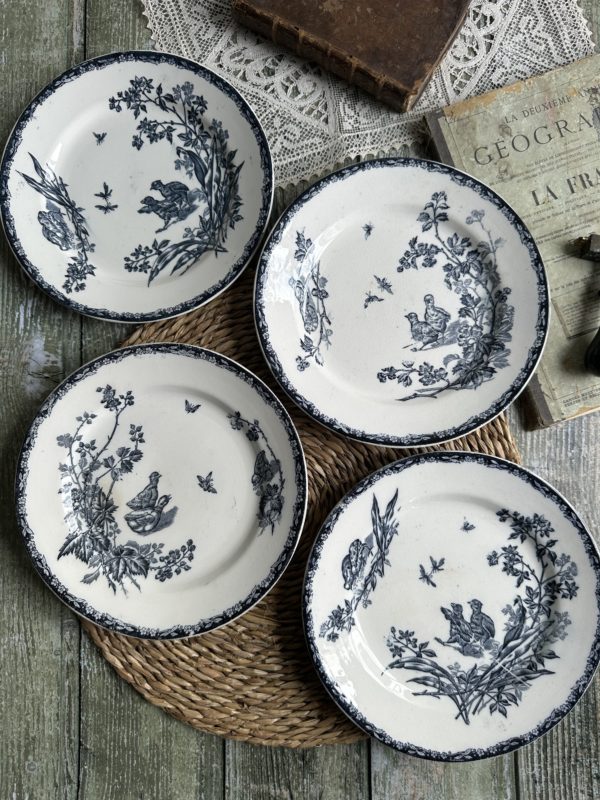 Suite de 4 petites assiettes plates terre de fer Nimy, modèle Poussins