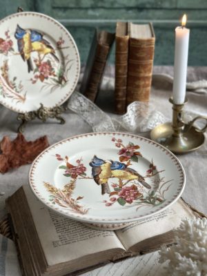 Plat piédouche polychrome Lunéville modèle Mésange